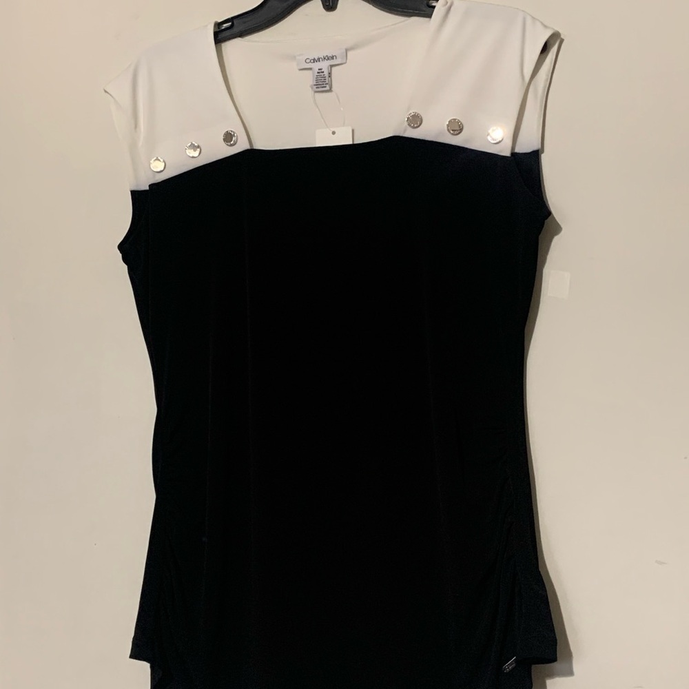 Calvin Klein Black Tunic Top with White Yoke and Silver Buttons